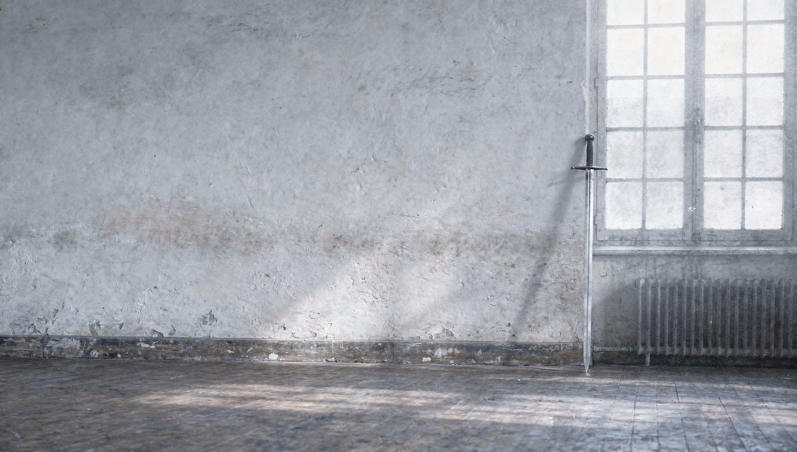 A steel training longsword leaning against a whitewashed wall beside a tall window